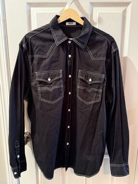 Coofandy Men’s Black Contrast-Stitch Western Button-Down Shirt
